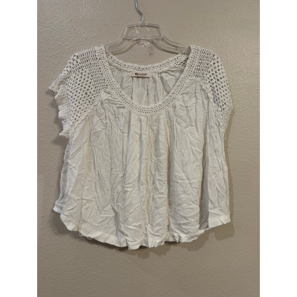 Rip Curl White Crochet Boho Blouse GSHD28 Womens Large Viscose Cap Sleeve Top
